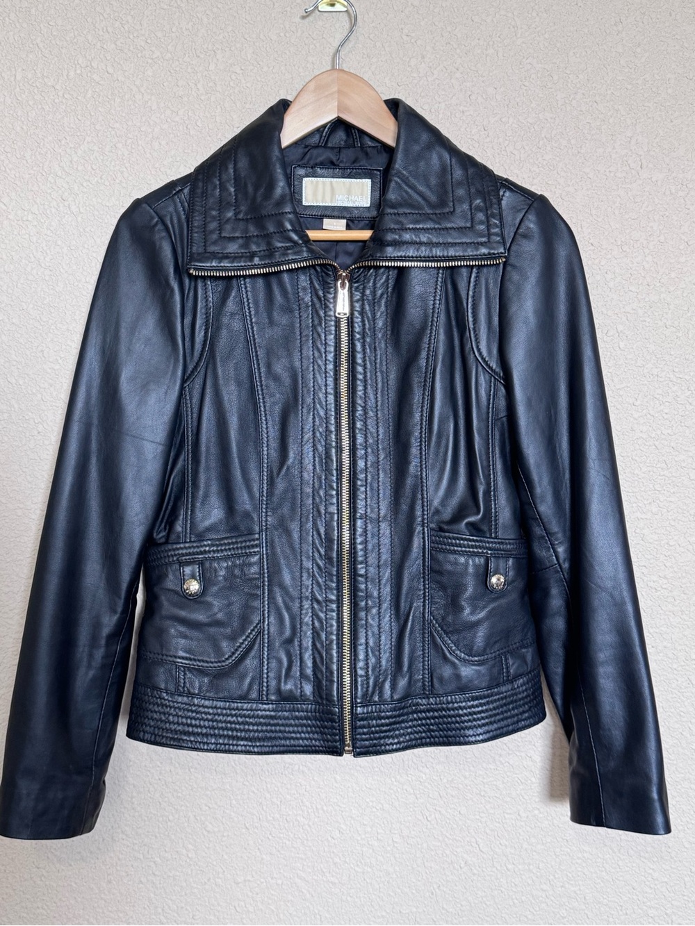 Michael Kors Black Genuine Leather Moto Gold-Tone Hardware Jacket Size Small